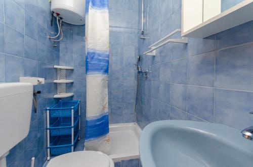 洛帕Apartments Ljubica J的蓝色瓷砖浴室设有卫生间和水槽