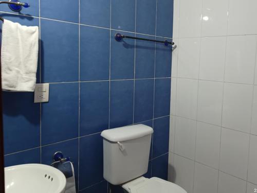瓦哈卡市Casa de Claudia y Hugo的蓝色瓷砖浴室设有卫生间和水槽