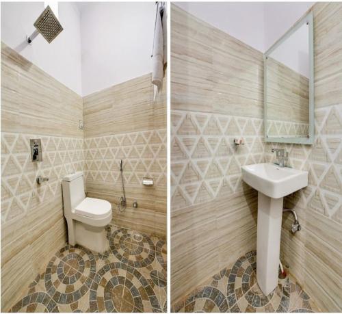 DongargarhIndian Family Lodge, Rajnandgaon, Chhattisgarh的浴室的两张照片,配有卫生间和水槽