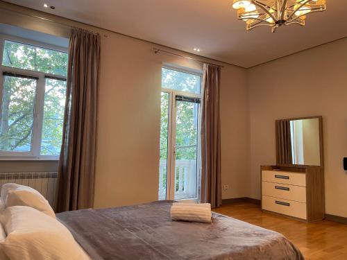 巴库Central Park apartment的卧室配有床、镜子和窗户。