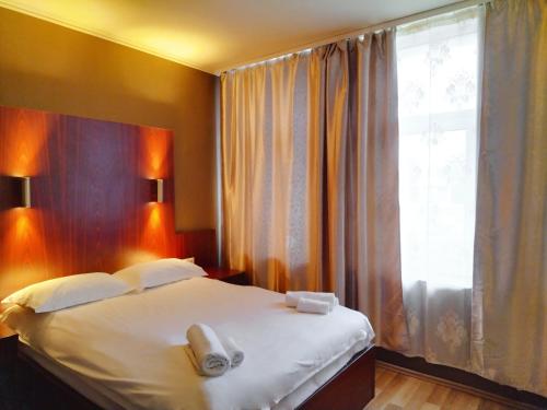 布达佩斯银河酒店的一间卧室设有一张大床和窗户