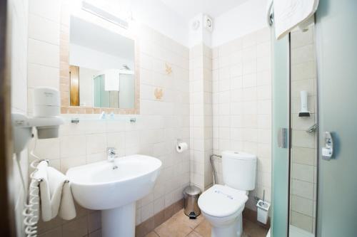 布什泰尼Pensiunea Turistica Villa Ermitage的白色的浴室设有水槽和卫生间。