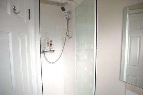 South NorwoodTwelve Thirty Serviced Apartments - 1 Croydon的带淋浴的浴室,带玻璃门