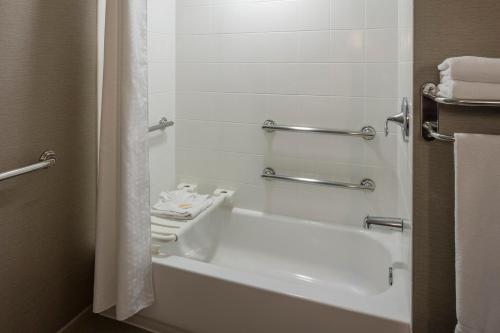 新奥尔良新奥尔良市区超圆屋顶体育场假日酒店的浴室配有带毛巾的白色浴缸。