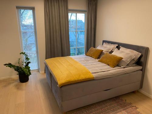 凯伊拉Modern Central Apartment HOTEL的一间卧室配有一张带黄色床单和枕头的床。