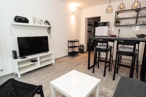 奥西耶克Apartman Ina的一间带电视和桌子的客厅