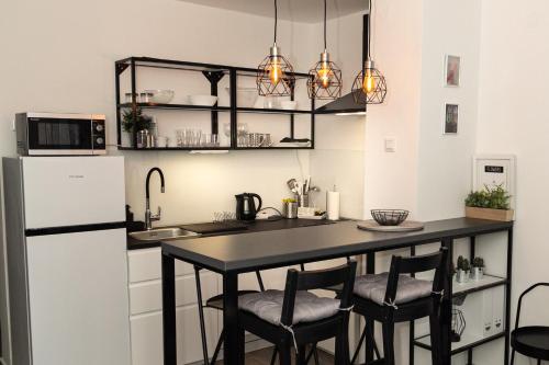 奥西耶克Apartman Ina的厨房配有桌椅和冰箱。