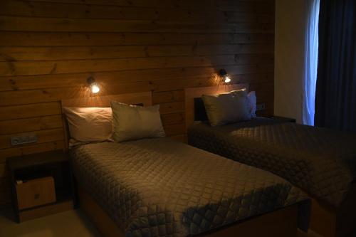 巴尼亚Къща за гости Авена的木墙客房 - 带两张单人床