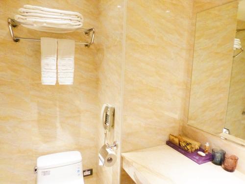 草屯镇福美大饭店 的带淋浴、卫生间和镜子的浴室