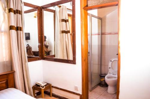 阿鲁沙Happy Rhino Lodge的一间带镜子和卫生间的浴室