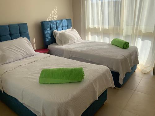 赫尔格达Elgouna Hurghada egypt mangroovy的两张床,上面有绿色枕头
