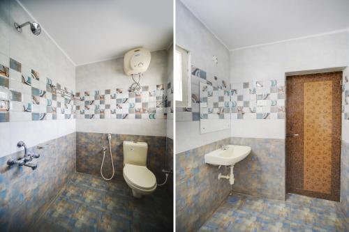 钦奈Hotel Yadvik的浴室的两张照片,配有卫生间和水槽