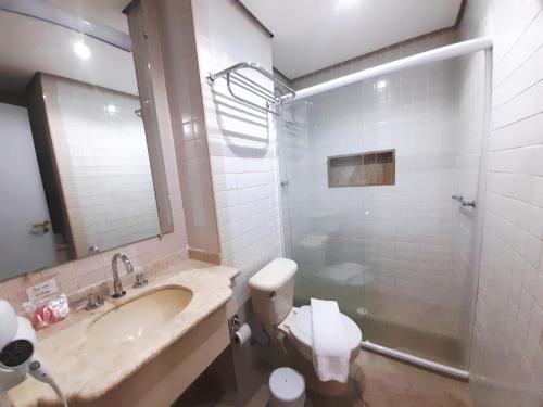 圣保罗Flat INCRIVEL proximo Shoppings JK e Vila Olimpia的浴室配有卫生间、盥洗盆和淋浴。