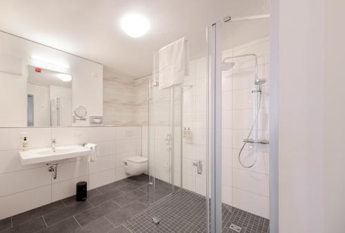 埃森Mintrops Concierge Hotel的带淋浴、盥洗盆和卫生间的浴室