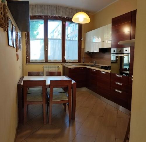利沃诺Sunnyside Accademia的带木桌和椅子的厨房以及带水槽的厨房。