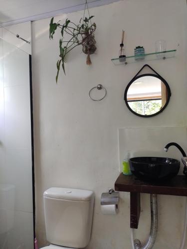 阿布拉奥Suites casa do indio jungle, a melhor vista da floresta的一间带卫生间、水槽和镜子的浴室