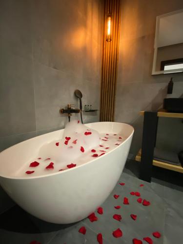 切拉季Apartament Grey Love w Czeladzi, FV, 8km do Katowic的浴室铺有红色的白色浴缸。