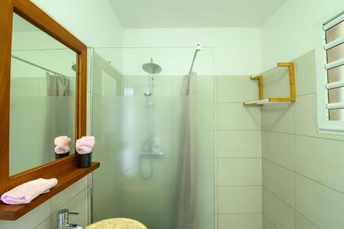 莱特鲁瓦西莱VILLA EDINA , Exceptionnel aux Trois ILETS,T3 vue incroyable sur FDF的带淋浴、盥洗盆和镜子的浴室