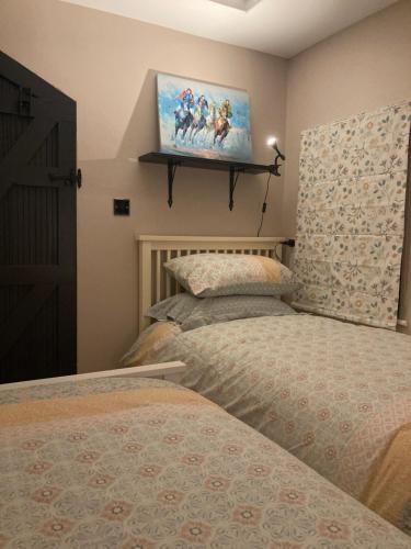 Beech Tree Cottage的一间卧室设有两张床,墙上配有电视。