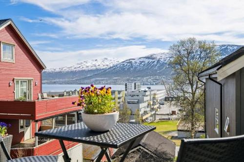 特罗姆瑟Cozy little house in Tromsø city的阳台上的花瓶桌子