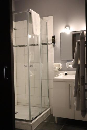 SteenbergenBar-Bistro-Hotel DOK的一间带玻璃淋浴和水槽的浴室