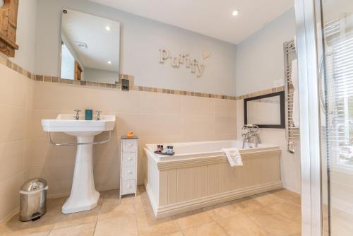 格拉斯米尔Heidi's Grasmere Lodge的浴室配有盥洗盆、浴缸和镜子
