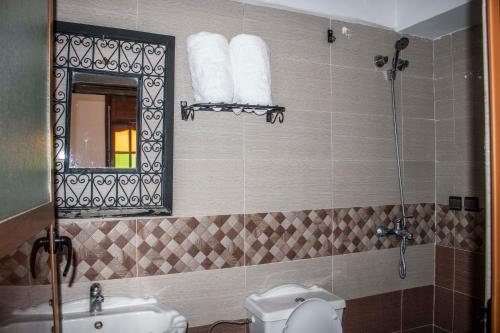 米德勒特Hôtel Restaurant Ali的一间带水槽、卫生间和镜子的浴室