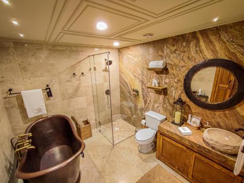 锡劳HC HACIENDA CATRINA HOTEL BOUTIQUE的带淋浴、卫生间和盥洗盆的浴室