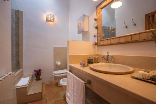 布利亚斯Casa rural Plaza Vieja en Bullas的一间带水槽、卫生间和镜子的浴室