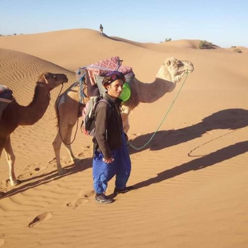 艾斯尼Trekking Toubkal Sahara Abderahim 2018的沙漠里一个骑骆驼的人