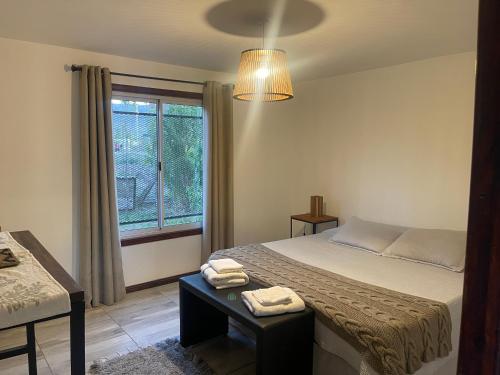 埃尔卡拉法特Patagonia Hope Suites的一间卧室设有一张大床和一个窗户。