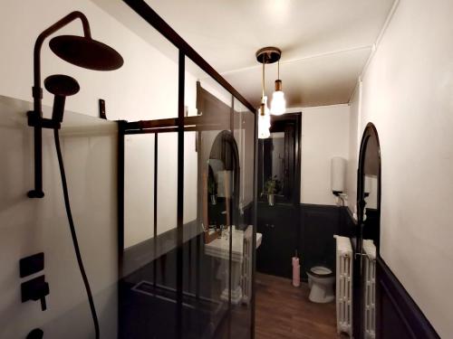 圣瑞尼安Chambres d'hôtes La Maison Blanche的浴室设有玻璃淋浴间和卫生间