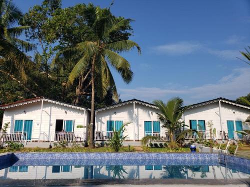 阿姆波尔White Truffle Resort, Arambol的一排种满棕榈树的白色建筑和游泳池