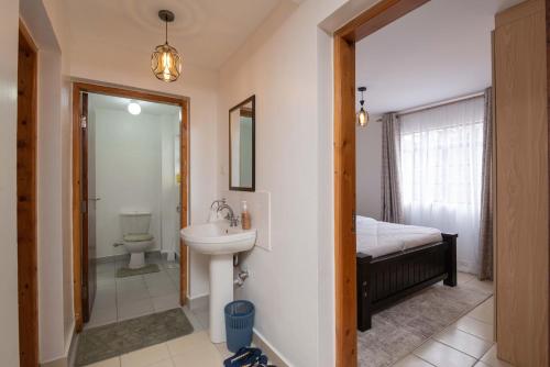 阿西里弗Athi Luxury Suites的一间带水槽、卫生间和镜子的浴室