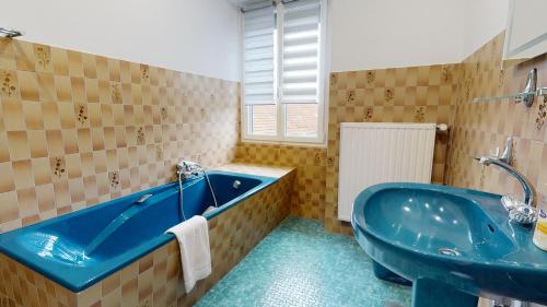 伊斯内姆La maison Blanche - Issenheim的浴室配有蓝色浴缸和水槽