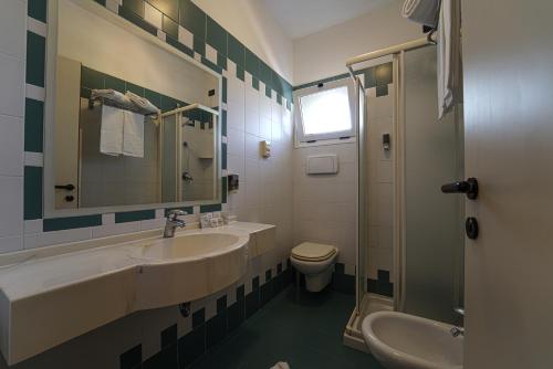 里米尼Dasamo Hotel - Dada Hotels的一间带水槽、卫生间和镜子的浴室