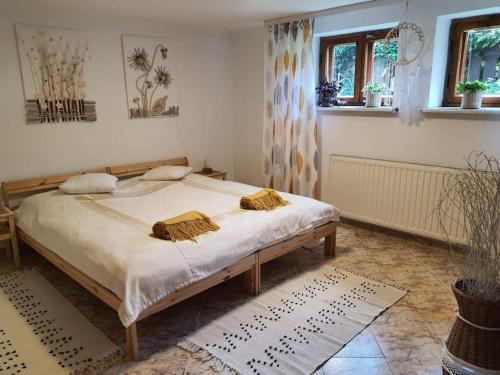 苏莱吉Komfortowy apartament nad Zalewem Sulejowskim的一间卧室配有一张带两个枕头的床