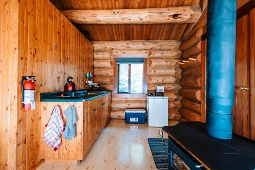 Rock Lake Lodge Provincial ParkRocky Mountain Escape Log Cabin Rentals - Rock Lake的小木屋内的厨房配有水槽和冰箱