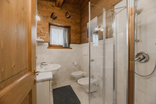 坎皮泰洛迪法萨Cesa Linda的一间带卫生间和玻璃淋浴间的浴室