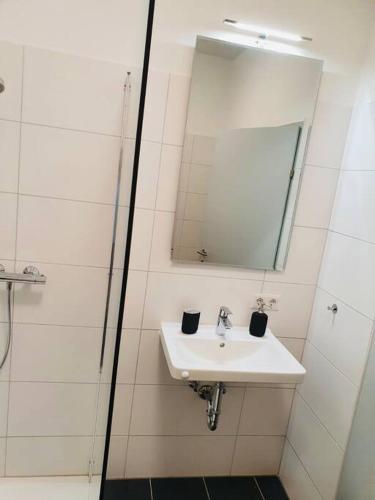 林茨Leon 3 wunderschönes neues Apartment的白色的浴室设有水槽和镜子