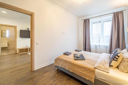 考纳斯Žalgiris arena apartment with AC的一间卧室配有一张床和一面大镜子