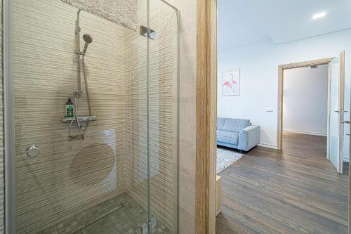 考纳斯Žalgiris arena apartment with AC的带淋浴的浴室和玻璃门