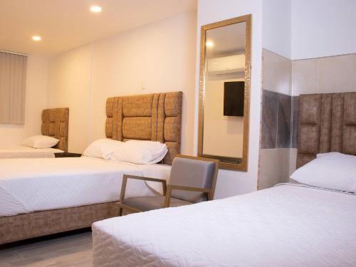 卡塔戈HOTEL GOLDEN CARTAGO的酒店客房,设有两张床和镜子