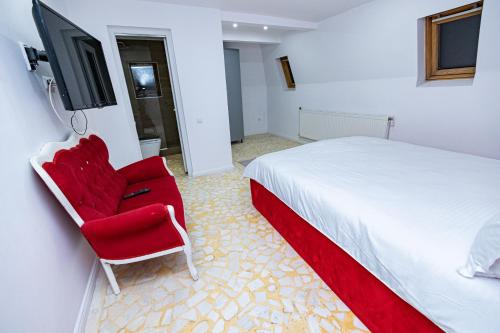 雅西Pensiunea Ewo的一间卧室配有一张床和一张红色椅子