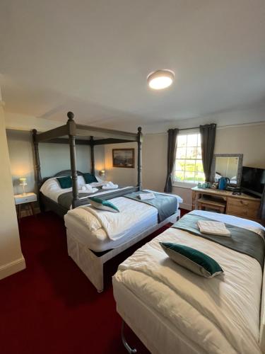海斯Castle Inn的一间酒店客房,房间内设有两张床
