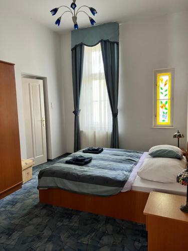 巴拉顿城堡Party Villa Holiday Rent Balatonfoldvar的一间卧室设有一张大床和一个窗户。