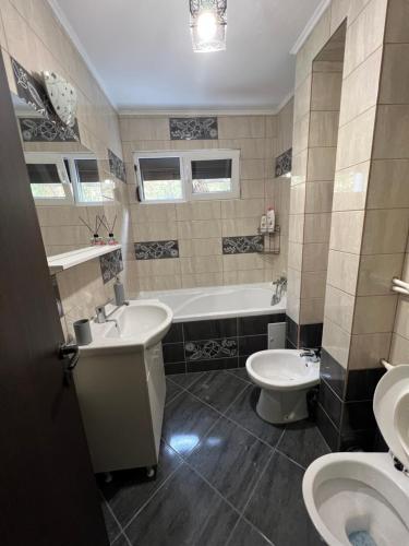 雅西Apartament spațios, zona centrală în Iași的一间带两个盥洗盆、浴缸和卫生间的浴室