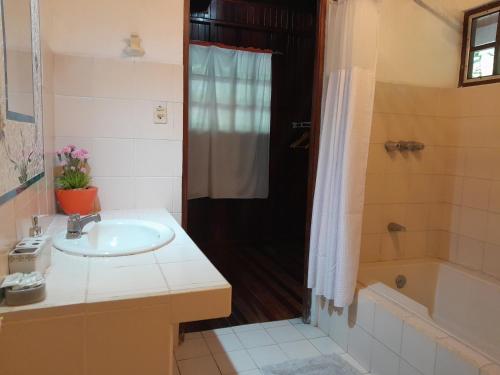 曼努埃尔安东尼奥Casas Guaney的浴室配有水槽、淋浴和浴缸。