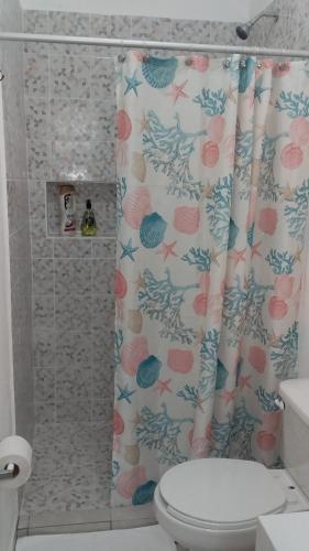 坎昆Casa Tauch的浴室配有带卫生间的淋浴帘