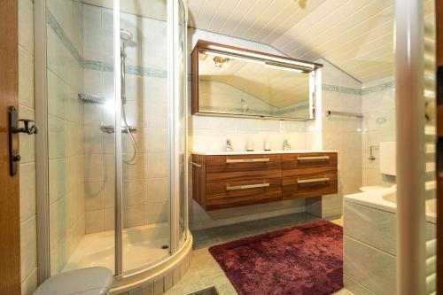 索尔登Haus Anton Sölden - Apartments & Zimmer的带淋浴、盥洗盆和镜子的浴室